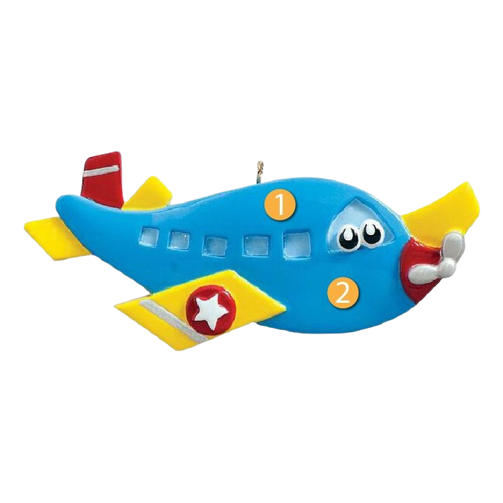 Blue toy airplane ornament with yellow wings and red accents for Christmas Ornaments & Tree Decorations collection under $50