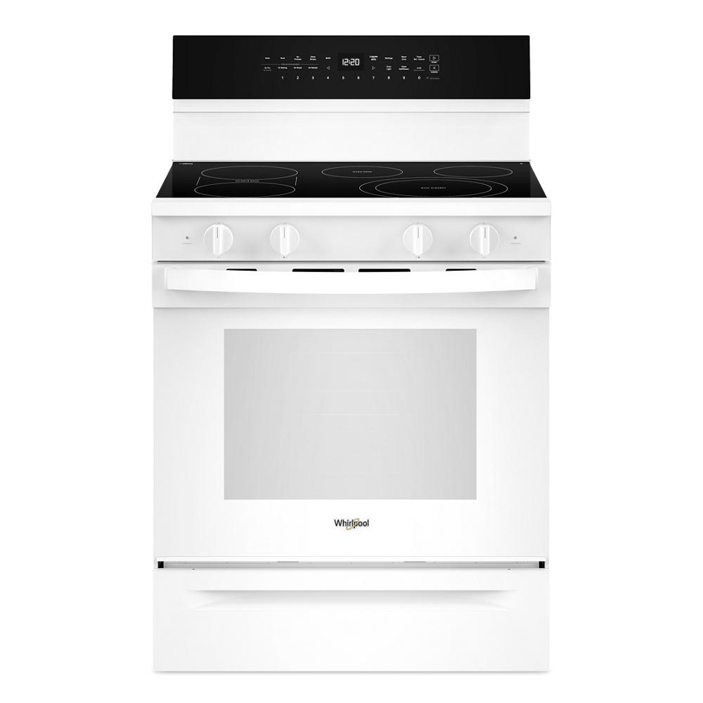 white electric range with smooth cooktop, control knobs, and digital display in kitchen and appliances collection