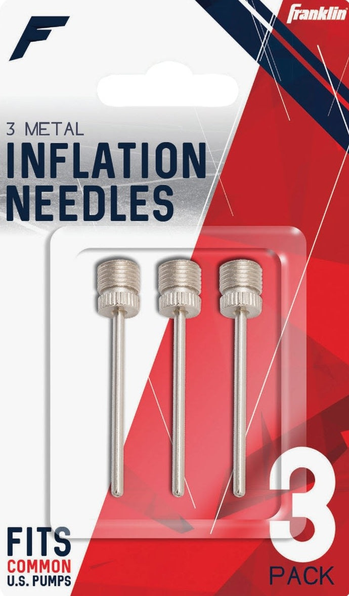 Three metal inflating needles in clear plastic packaging for use with common U.S. air pumps and home improvement tasks