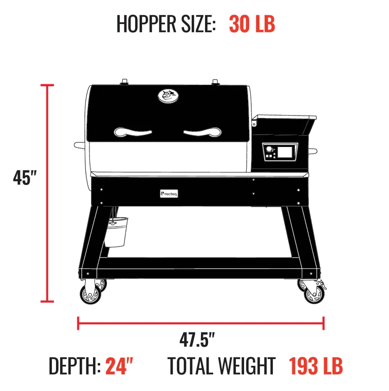 Black and stainless steel pellet grill diagram showing dimensions with 30-pound hopper, 45-inch height, 47.5-inch width, 24-inch depth, and 193-pound weight for outdoor grilling and pellet grill collections.