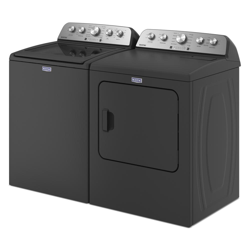 Pair of black Maytag top load washer with extra power and electric dryer featuring stainless steel control panels in Washers & Dryers collections