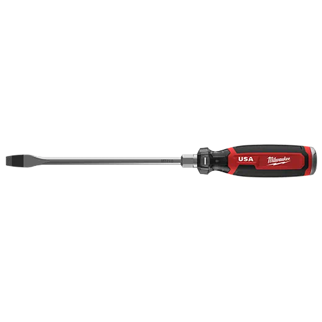 Red and black cushion grip slotted screwdriver with long shaft for precision home improvement tasks.