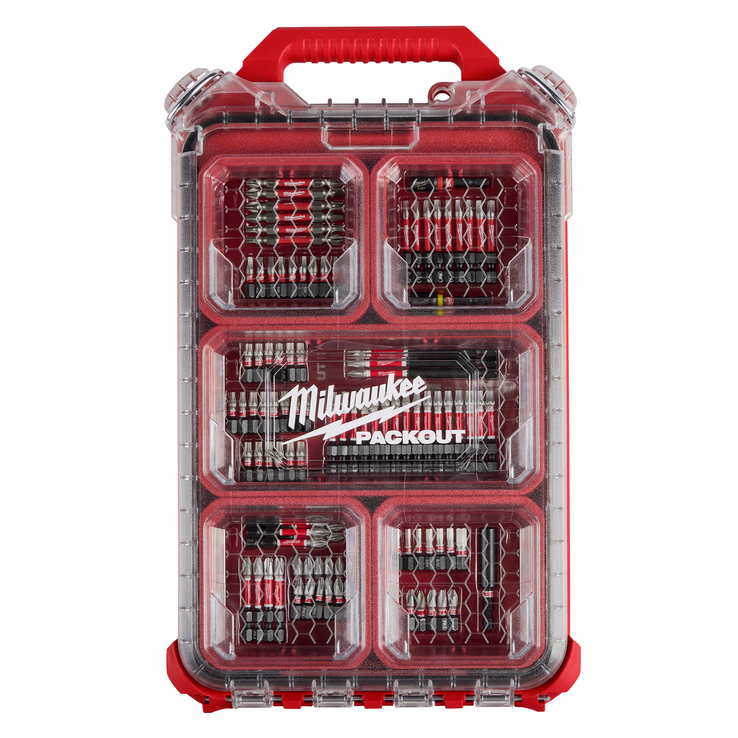 Red and clear Milwaukee PACKOUT toolbox with organized impact driver bits for tool accessories and power tool collections