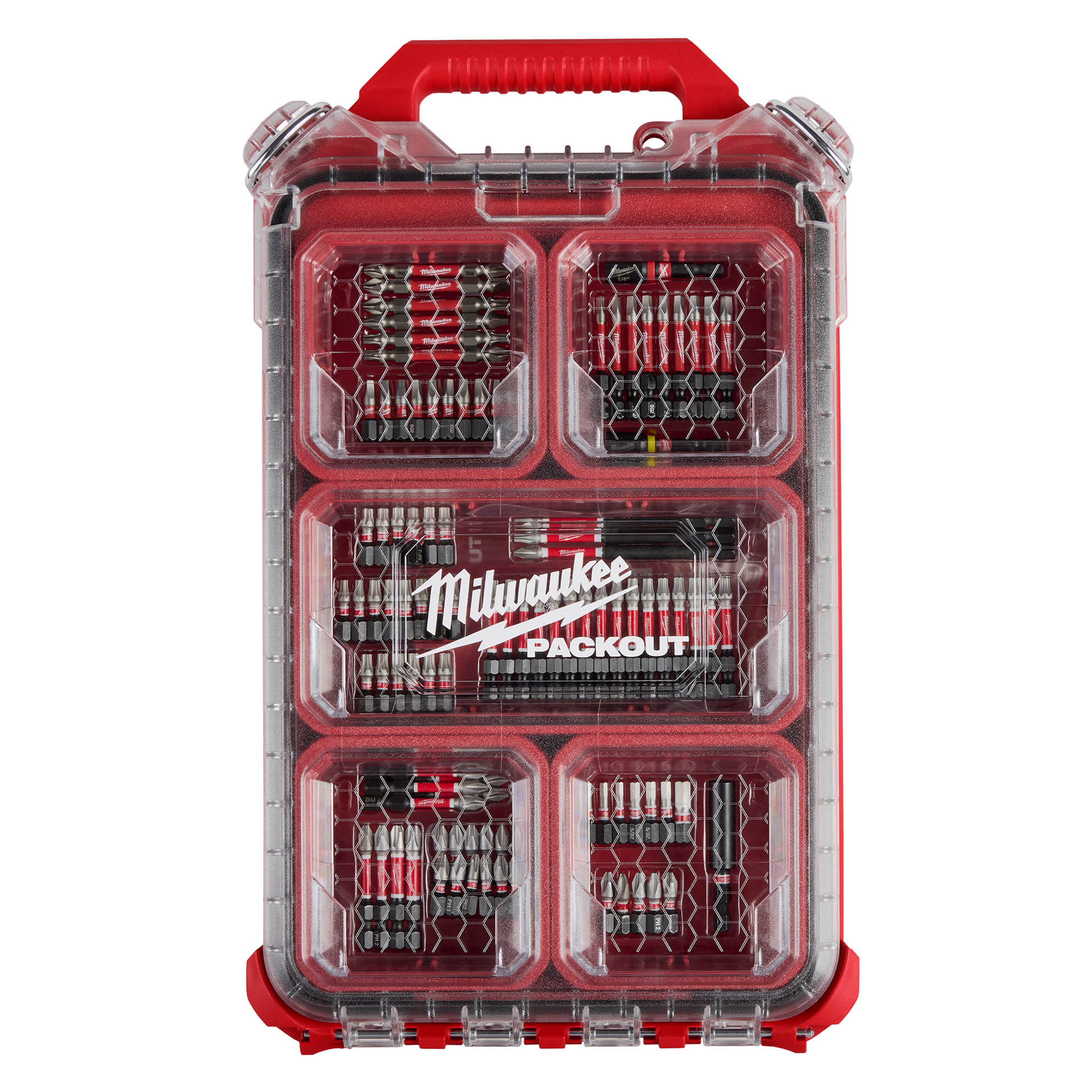 Red and clear Milwaukee PACKOUT toolbox with organized impact driver bits for tool accessories and power tool collections