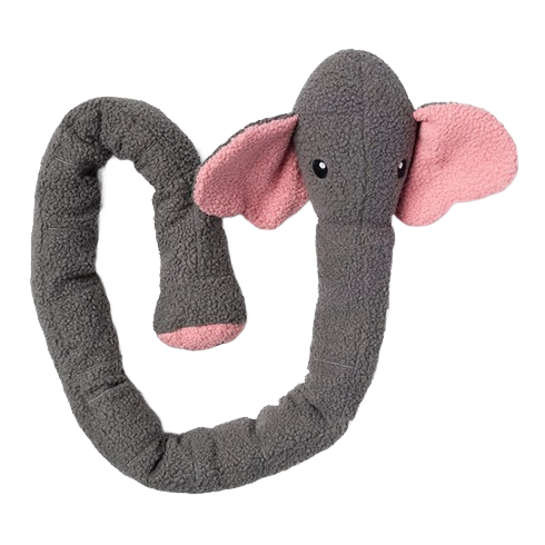 Gray and pink Sherpa fabric dog toy shaped like an elephant with long trunk, floppy ears, squeakers, and crinkle for pets and toys
