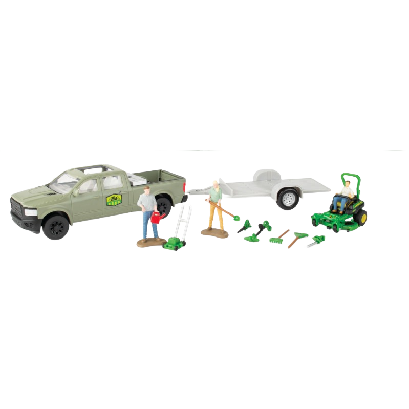 Scale model of green pickup truck with lawn care figures, trailer, tools, and miniature tractor for home improvement play