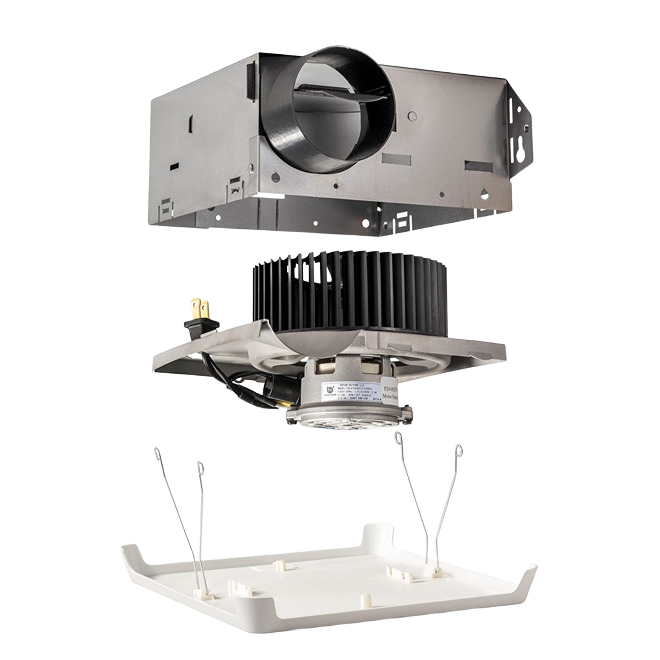 Disassembled Boran 50CFM bath exhaust fan showing metal housing, black motor fan, and white mounting grille for ventilation use