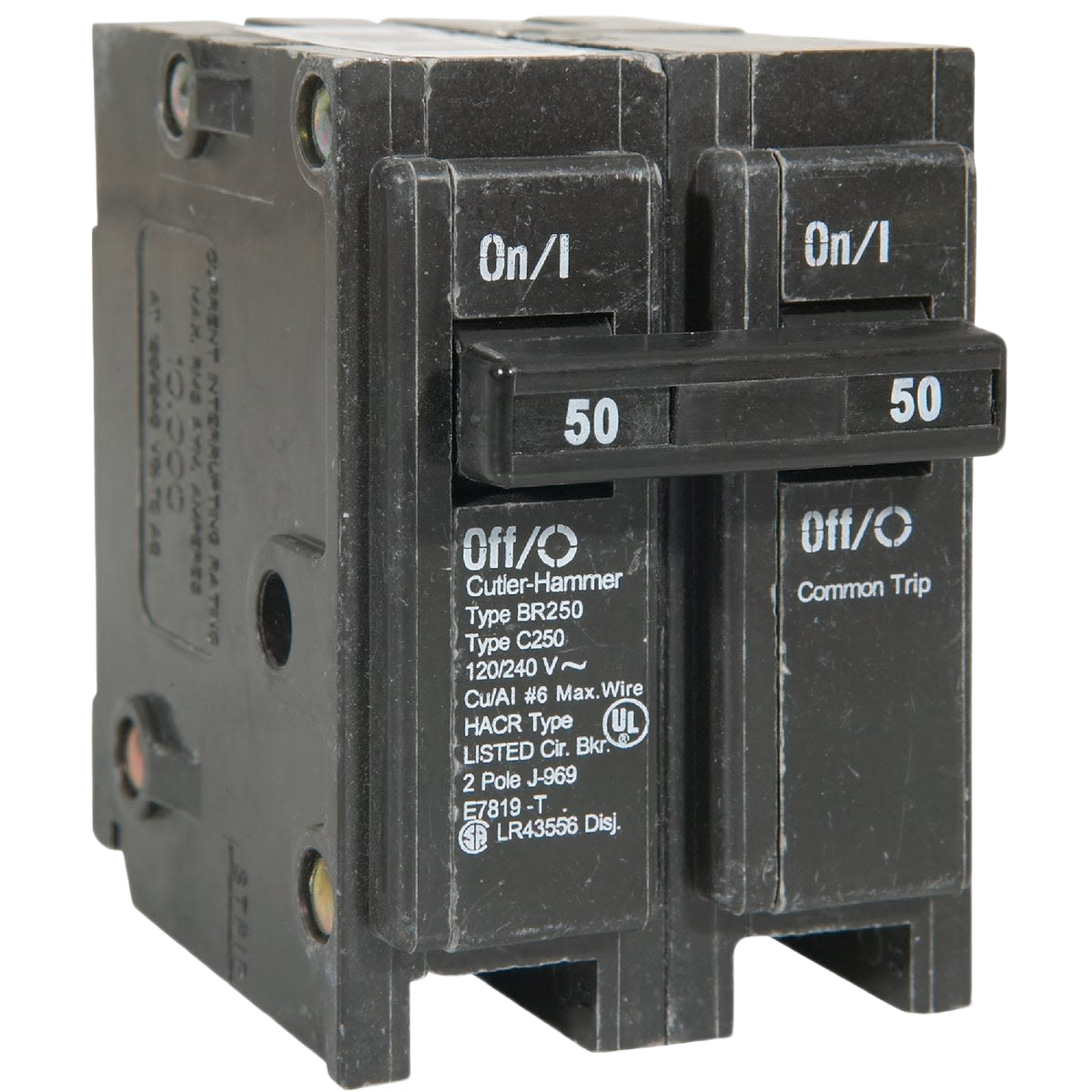 Black double-pole circuit breaker rated 50 amps with on/off switches for home improvement electrical tasks