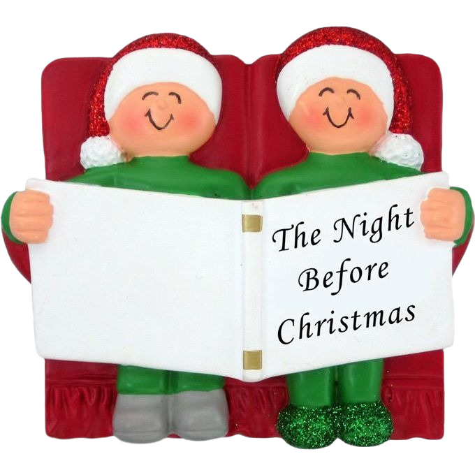 Two cheerful figures in Santa hats reading The Night Before Christmas on festive holiday ornament