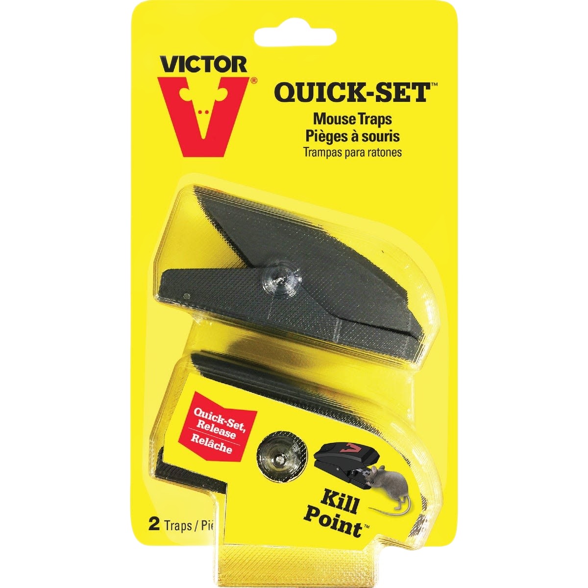 Two black mechanical mouse traps with quick-set release in yellow packaging for pest control and rodent management collections