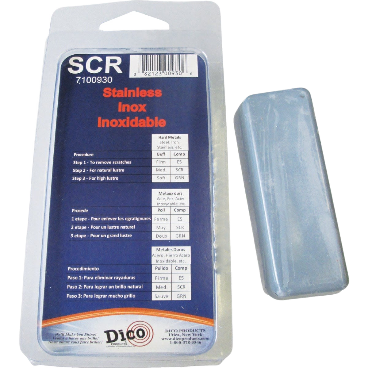Plastic container and clear plastic packaging of Dico Stainless Stainless buffing compound for woodworking tools under $50 collection