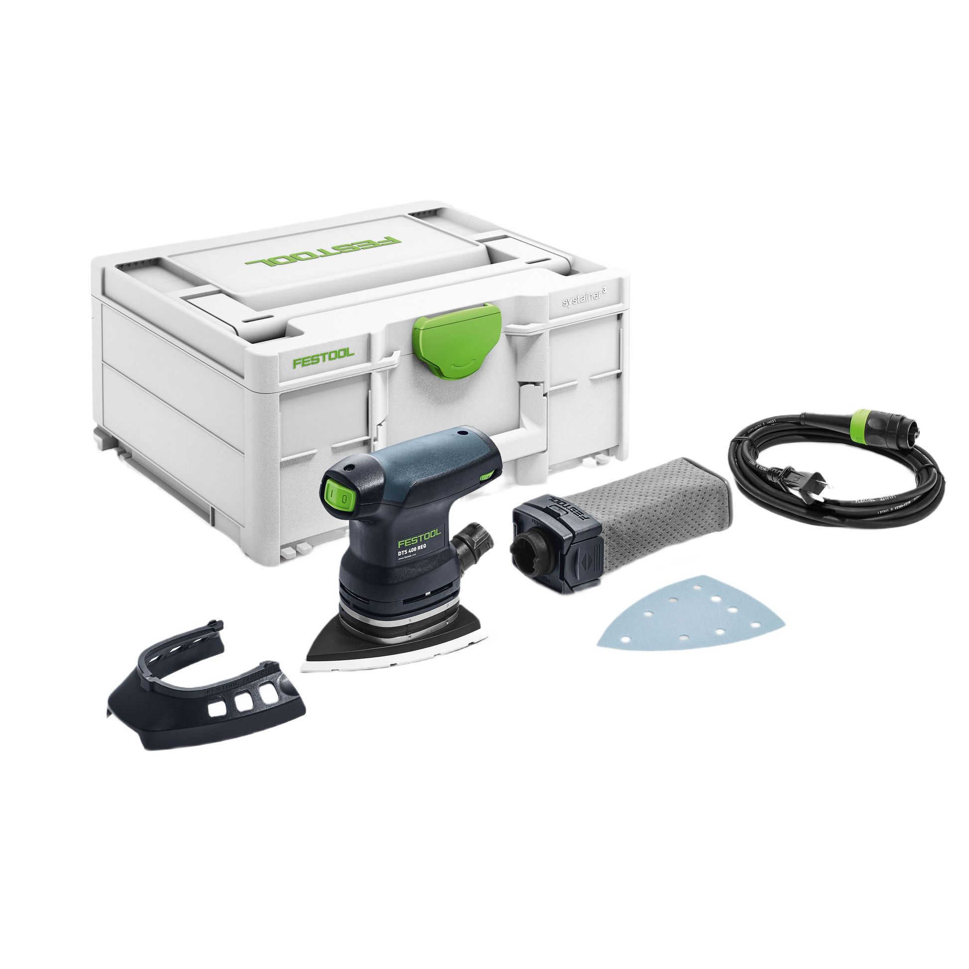 Compact finish delta sander kit with triangular sanding pad, dust collection attachment, power cord, and storage case for home improvement tools