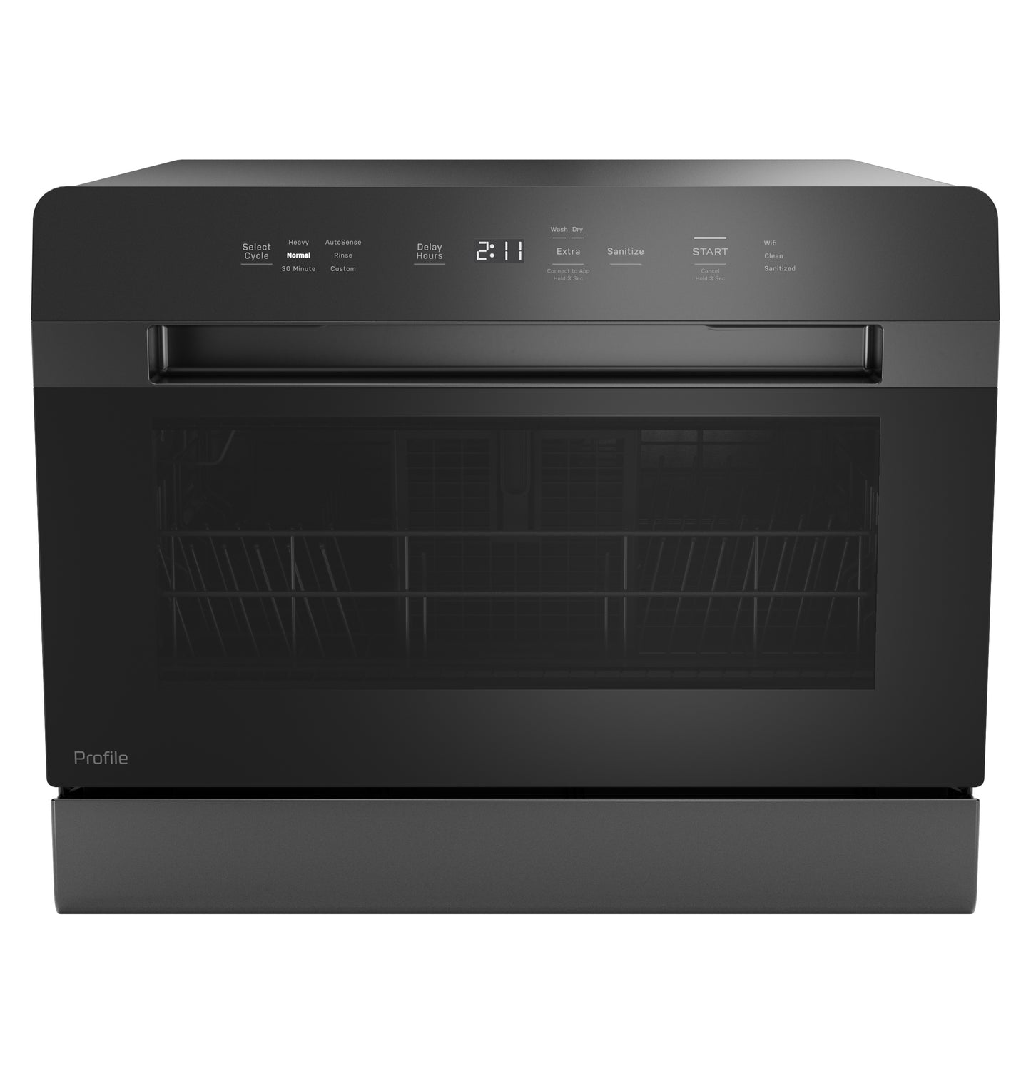 Black smart countertop dishwasher with digital display and touch controls for built-in or portable kitchen use