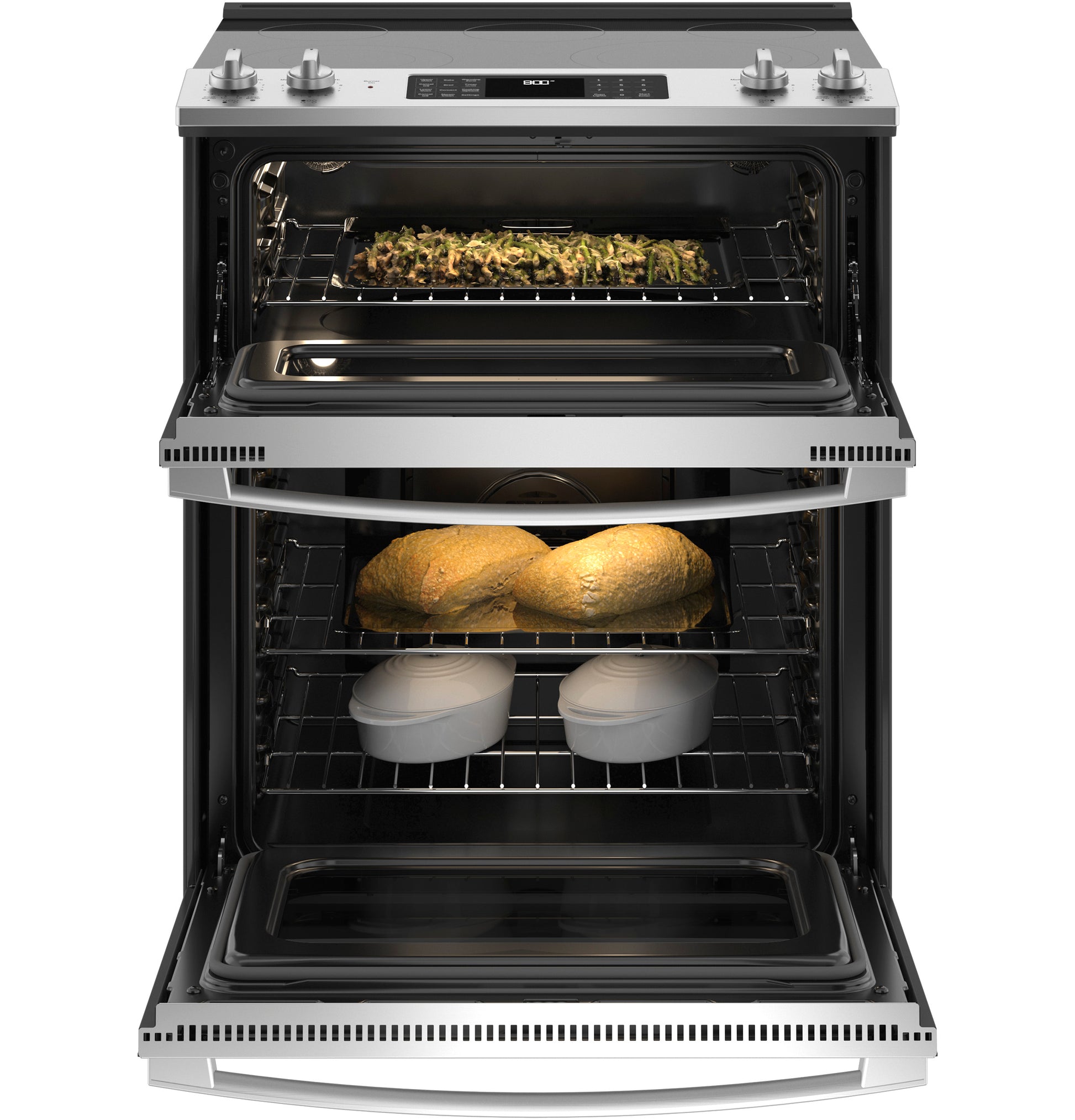 Open stainless steel double oven range with baked bread and casserole dishes inside from Ranges & Appliances collection