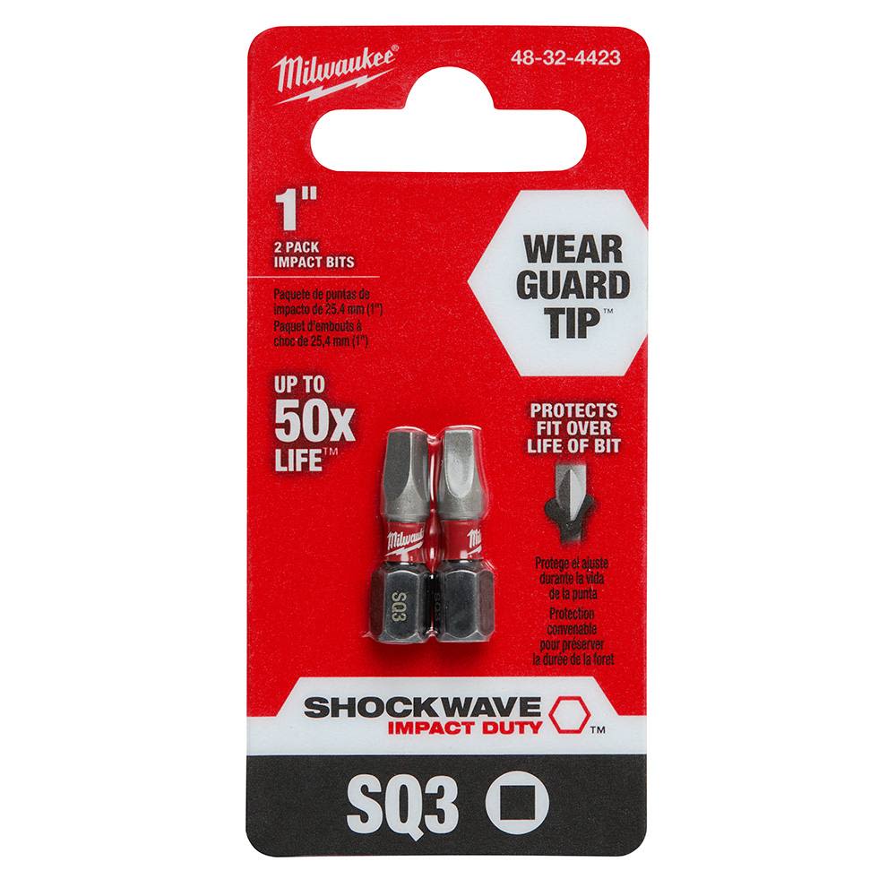 Two Milwaukee 1-inch square recess impact bits with Wear Guard Tip in red and black packaging for tool accessories