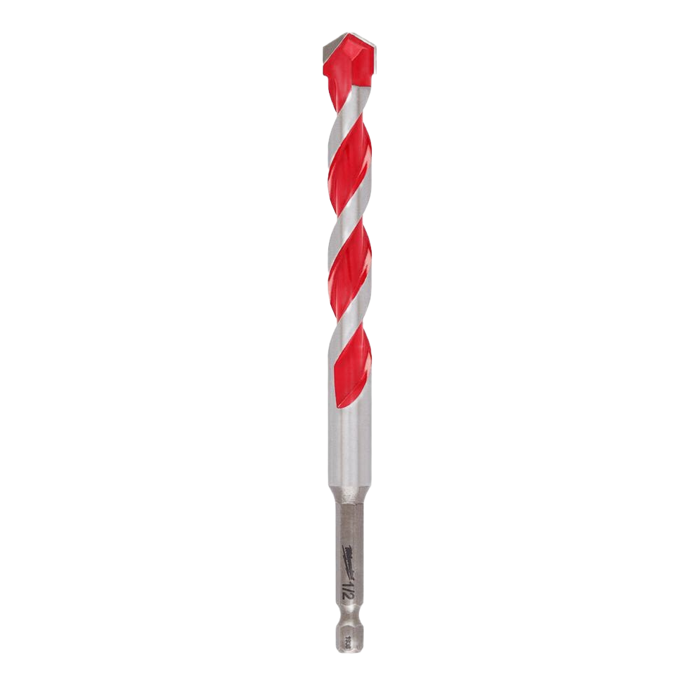 Carbide-tipped hammer drill bit with red spiral flutes for efficient concrete drilling in power tool accessories collection