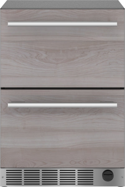 Under counter combo drawer refrigerator and freezer with panel-ready wood finish and stainless steel handles from Thermador