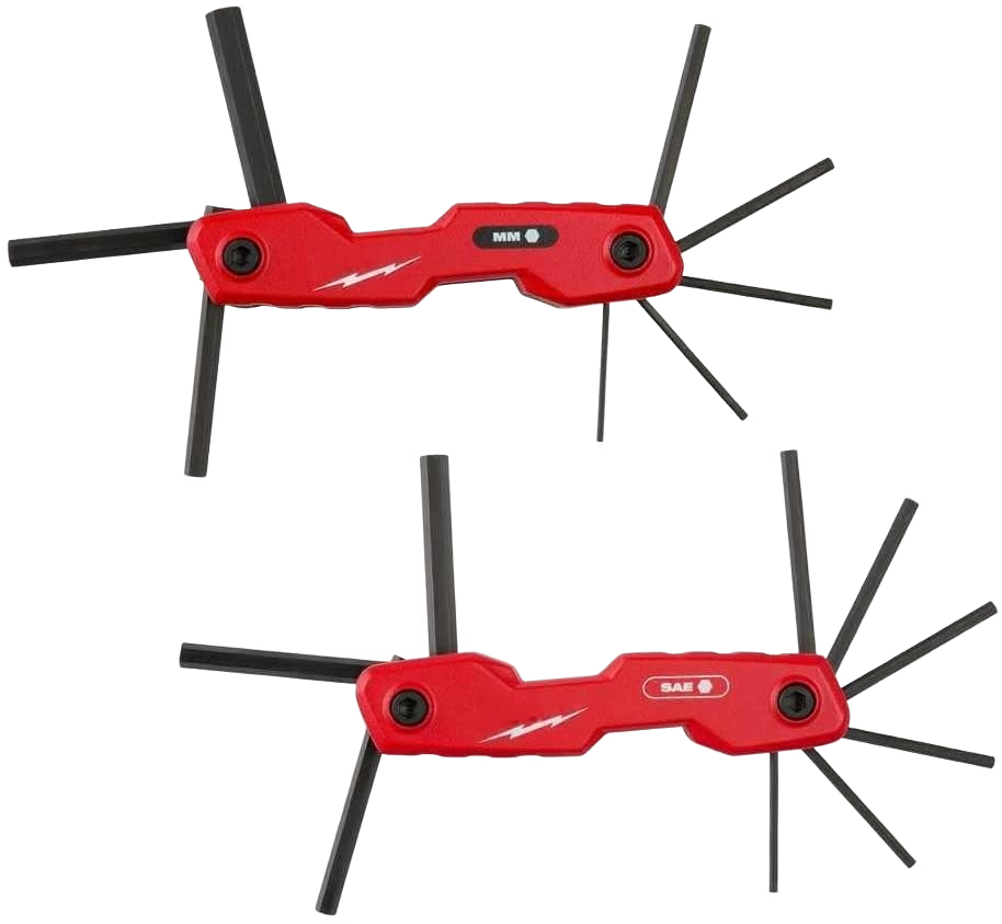 Red folding hex key sets with multiple sizes in SAE and metric, designed for home improvement and tool use