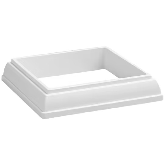 Matte white composite post skirt with beveled edges for use in home improvement and railing projects