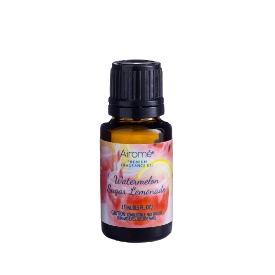 Amber glass bottle of watermelon sugar lemonade scented fragrance oil with black cap for home use
