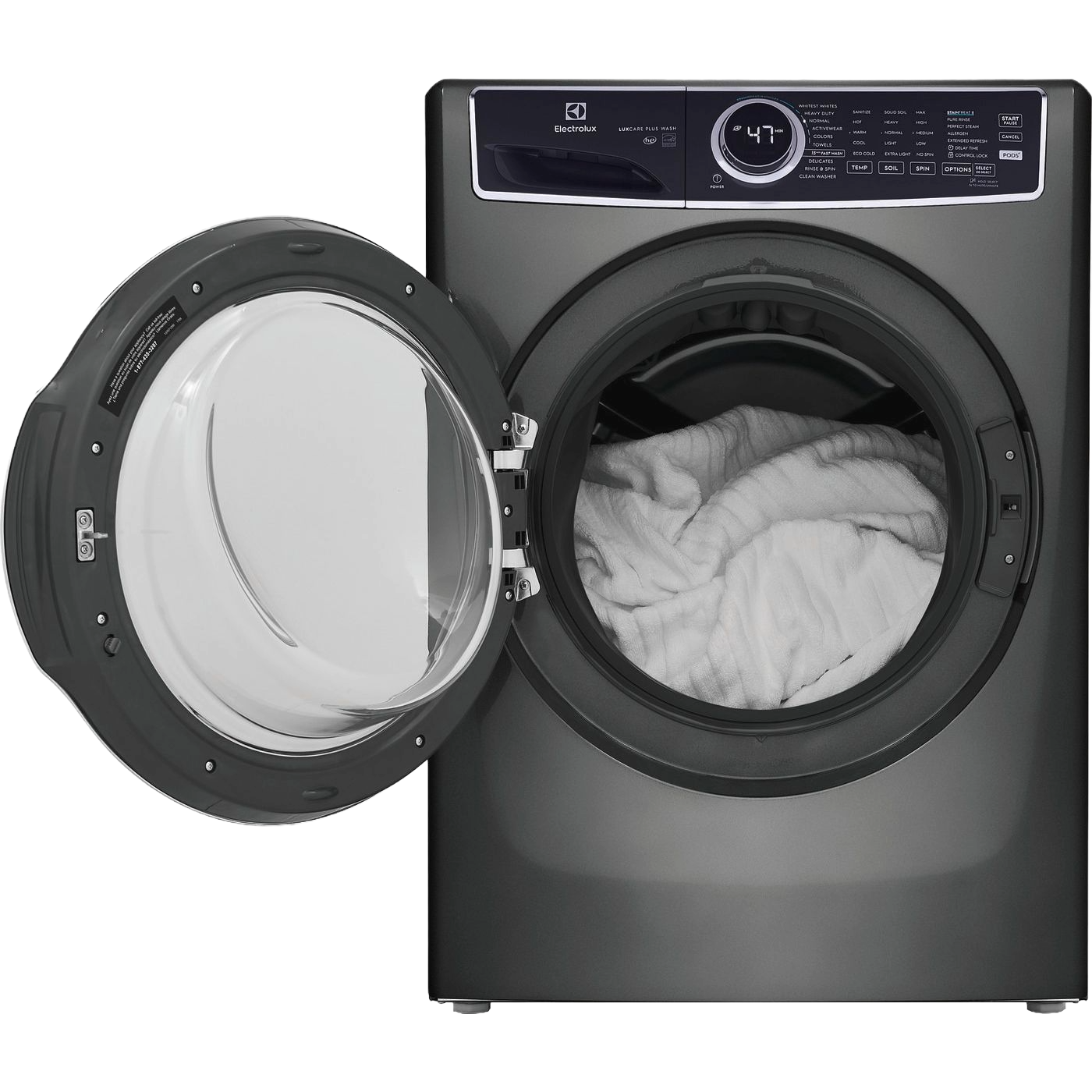Matte gray front load washer with open door showing white fabric inside in modern appliances collection