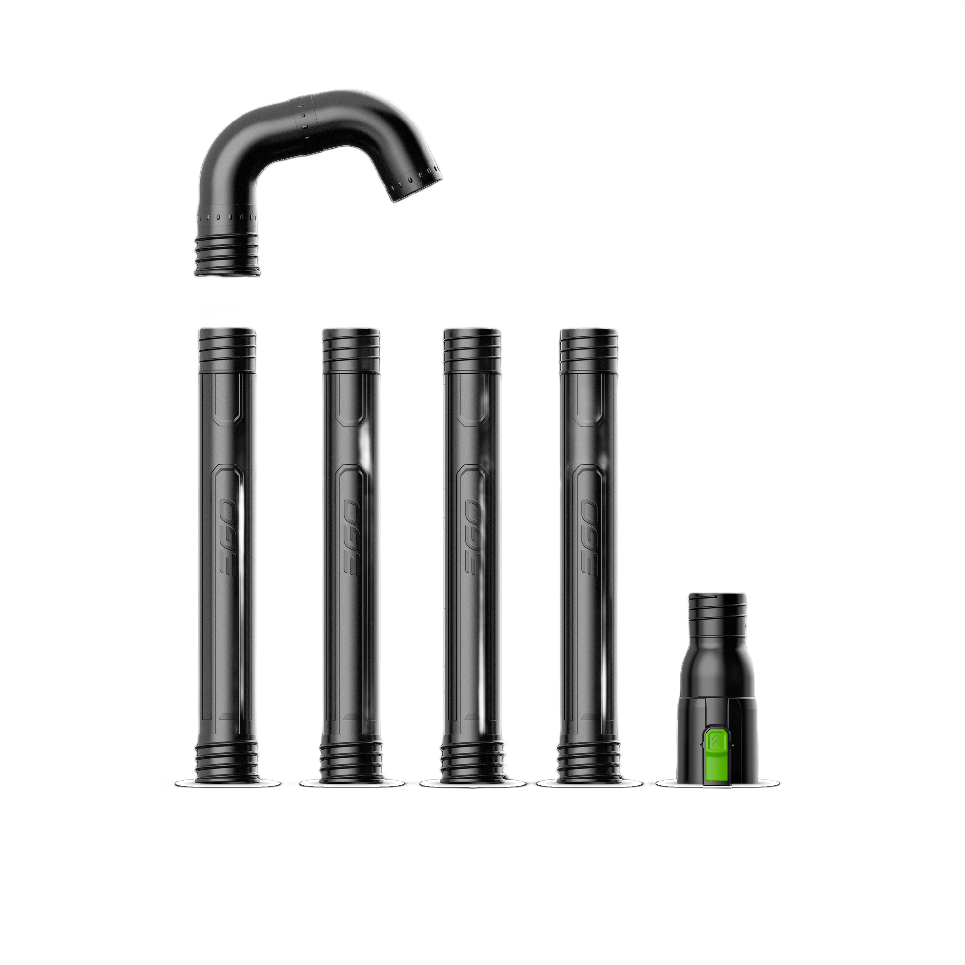 Set of black plastic extension tubes and curved attachment designed for gutter cleaning with compatible leaf blower tools collection