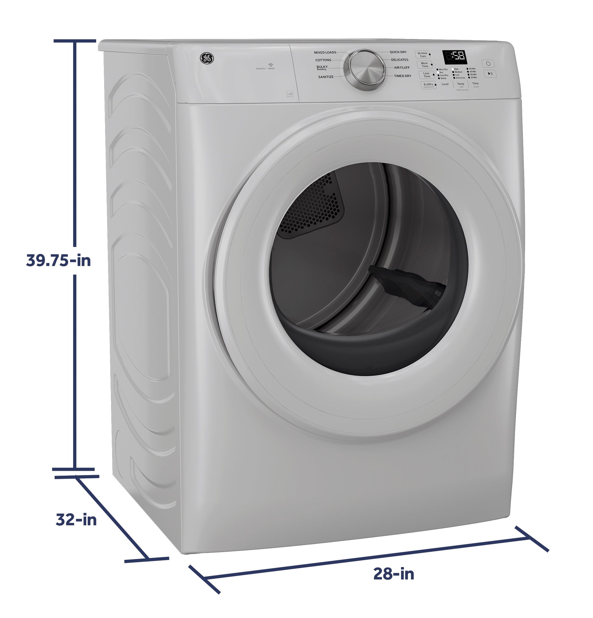White smart front load gas dryer with digital display and control knob, part of home appliances collection.