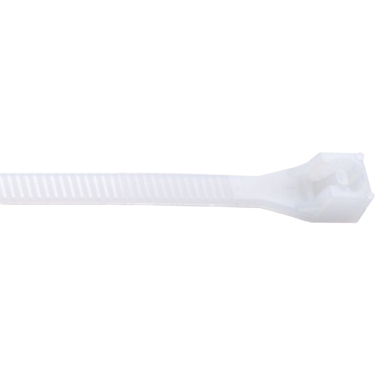 White nylon cable tie with ridged strap and locking head for electrical and home improvement applications