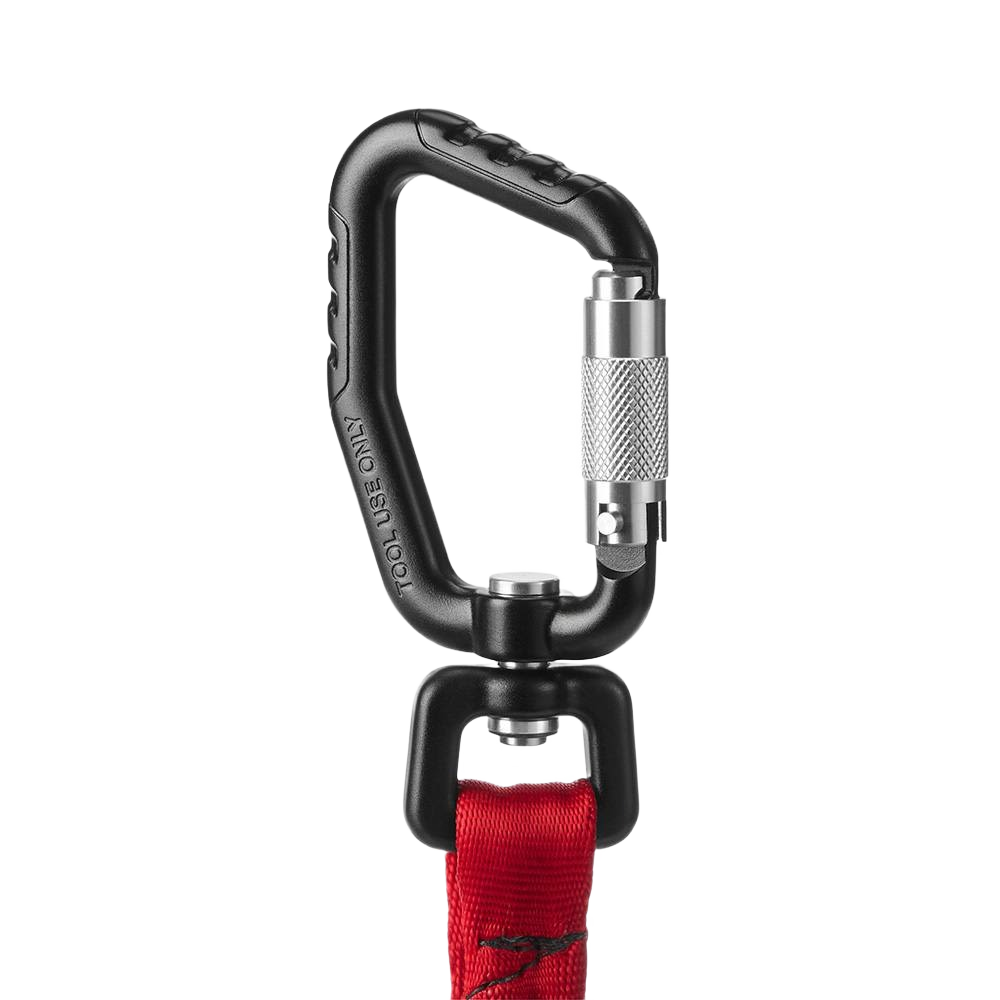 Black aluminum locking carabiner with knurled silver screw gate attached to red heavy-duty tool lanyard for home improvement use