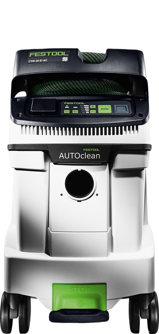 White and black Festool HEPA dust extractor with green accents and AUTOclean feature for woodworking and dust collection tools