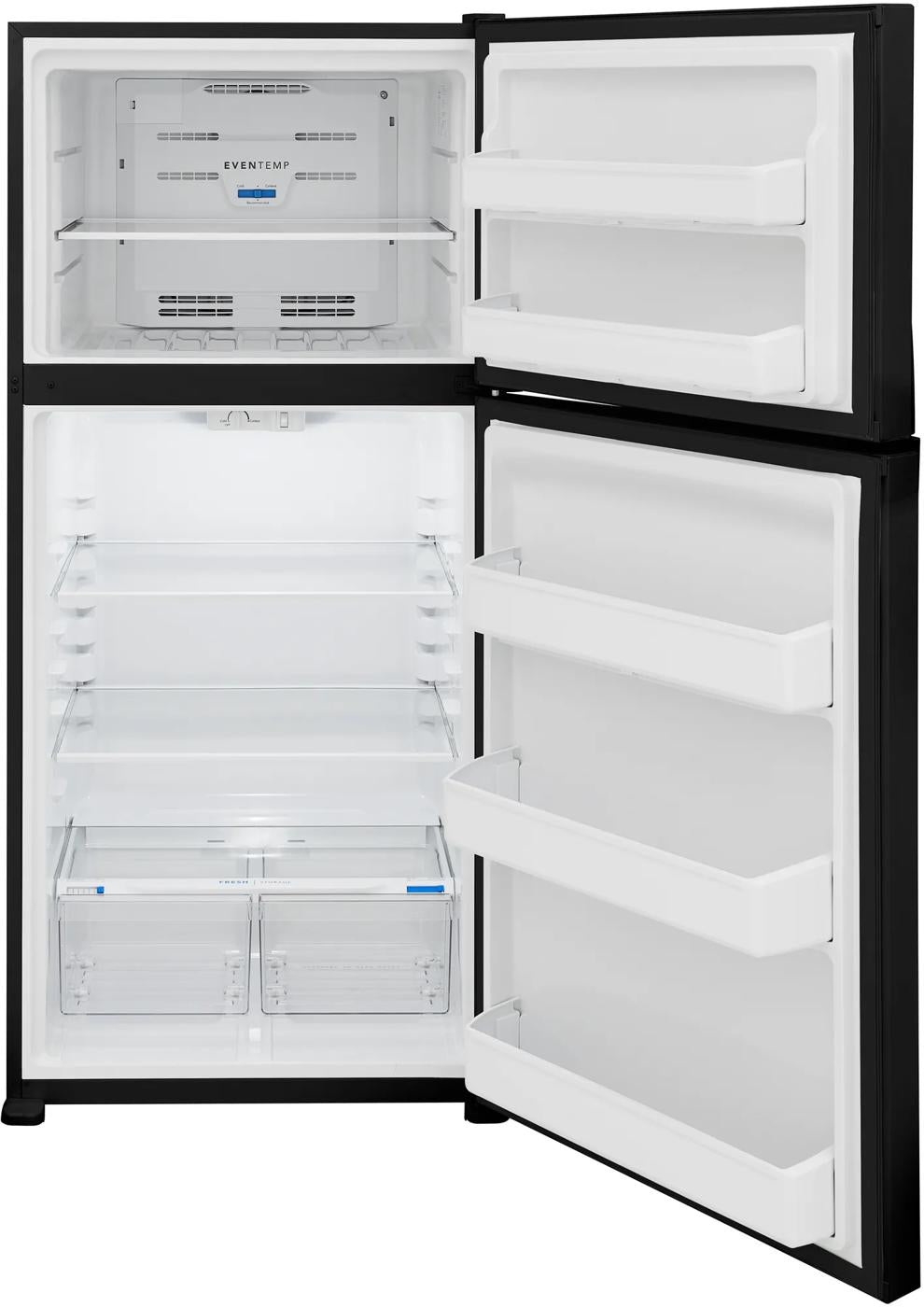 Open top freezer refrigerator with glass shelves, door bins, and dual crisper drawers for kitchen and appliances collections