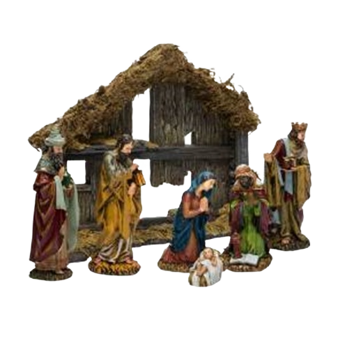 Seven-piece nativity scene with stable and detailed figurines depicting traditional Christmas characters