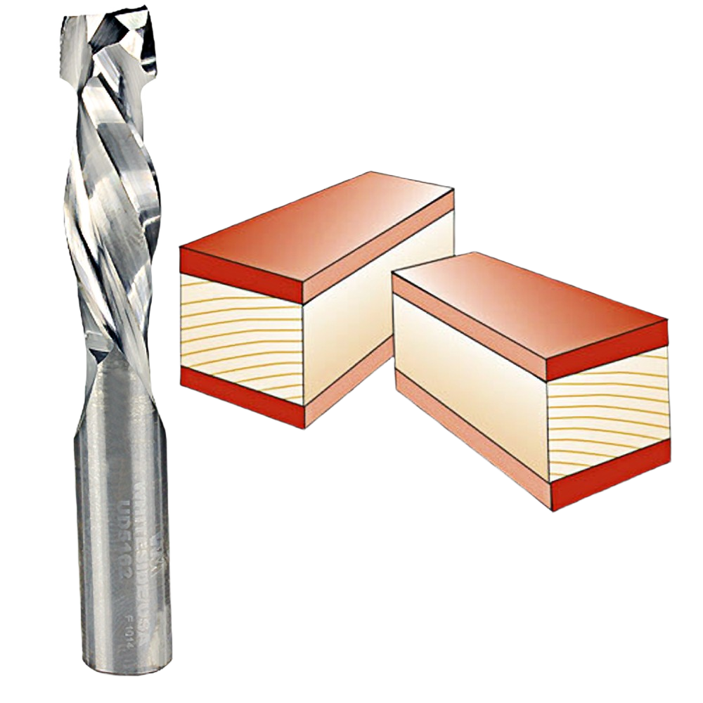 Spiral up/downcut router bit with sharp blade for clean edge cuts in woodworking and power tool accessories collections