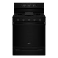 black 30-inch freestanding gas range with five control knobs and digital display in kitchen appliances collection