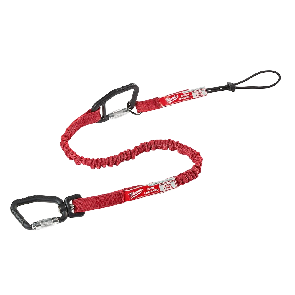 Red 36-inch locking tool lanyard with quick-connect clips designed for tools and home improvement use