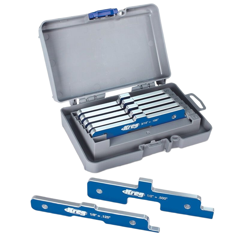 Set of blue aluminum precision setup bars with engraved measurements in a gray plastic case from woodworking tool accessories collection