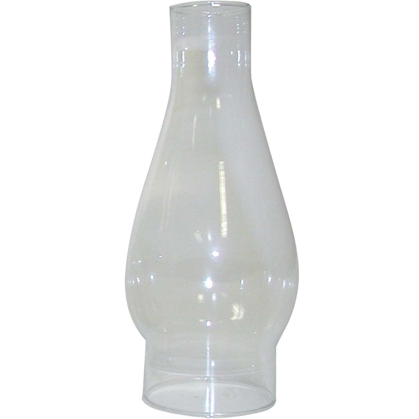 Clear glass lamp chimney with a finger hold base, suitable for oil lamp replacement in home decor lighting setups.