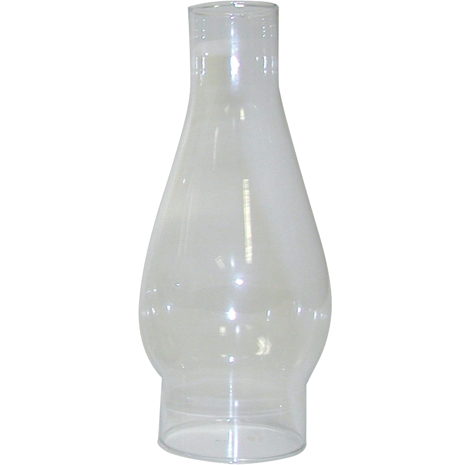 Clear glass lamp chimney with a finger hold base, suitable for oil lamp replacement in home decor lighting setups.