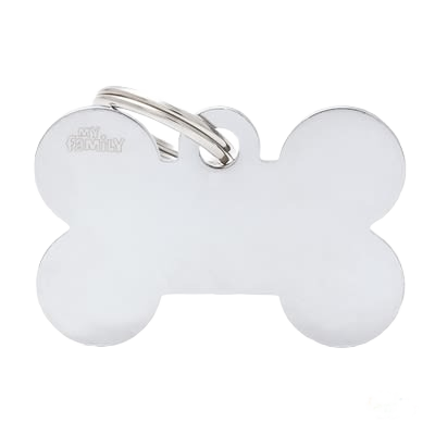 Chrome brass dog bone-shaped ID tag with split ring for pet collars featuring subtle branding engraving