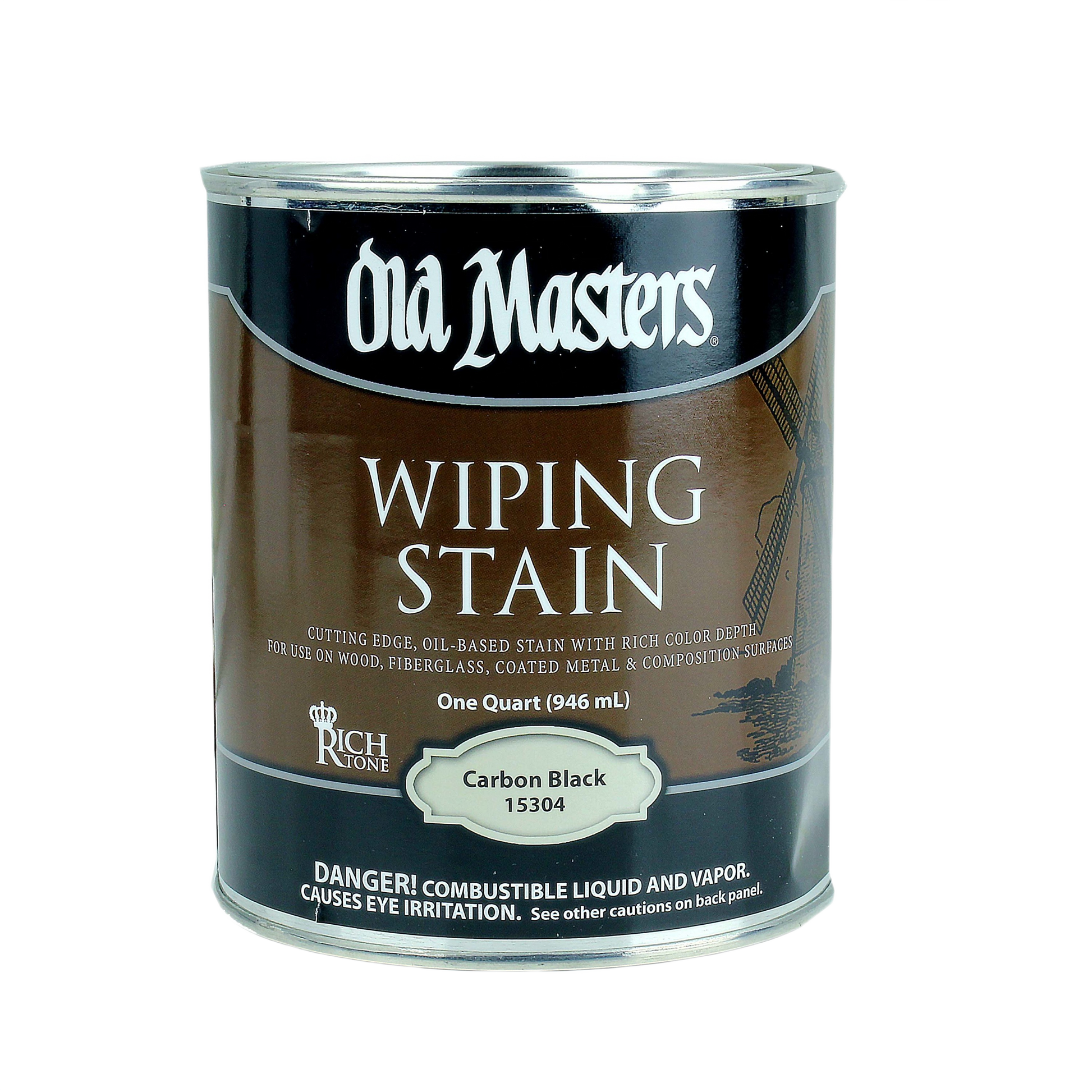 One quart can of Old Masters Carbon Black oil-based wiping stain for interior wood and surface finishing in home improvement