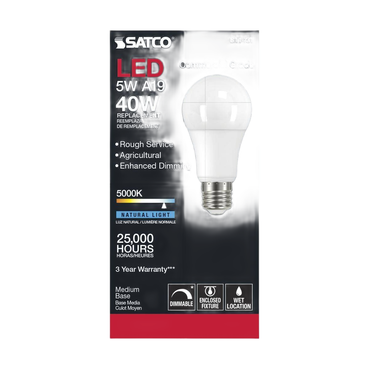 LED bulb with 5W power, 5000K natural light, dimmable, suitable for wet locations and agricultural use