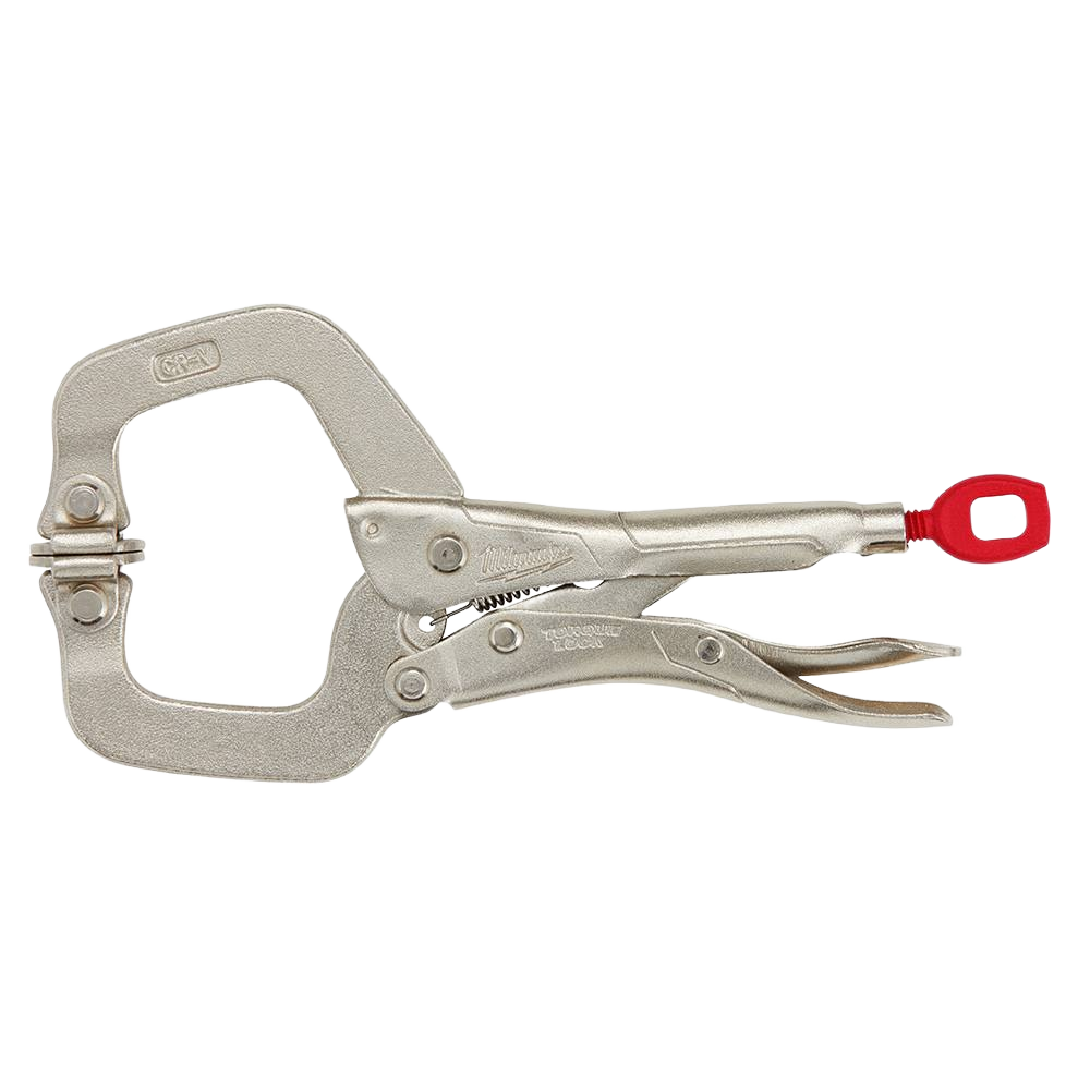 Silver metal locking C-clamp with swivel jaw and red release lever for adjustable grip in home improvement tasks