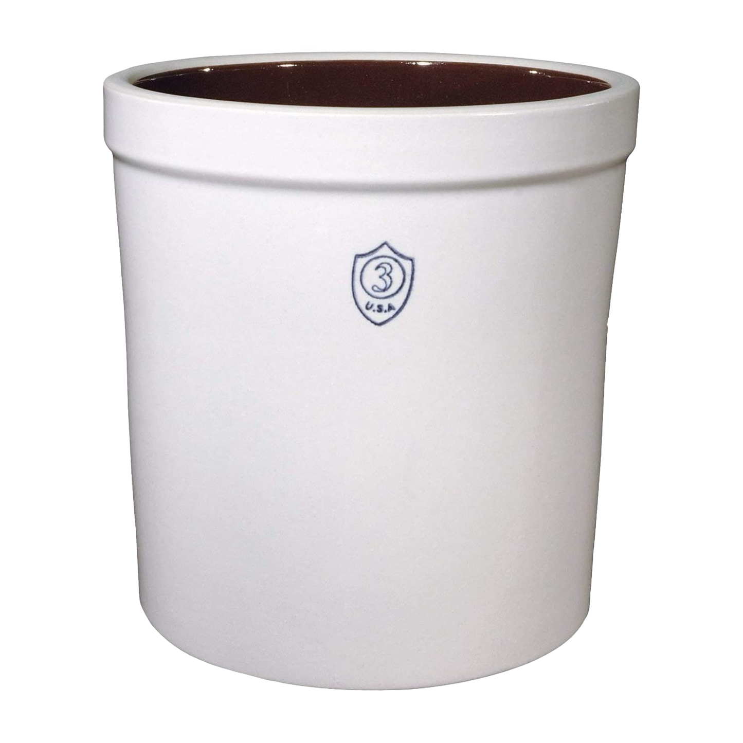 White 3-gallon stoneware crock with blue logo for kitchenware and home storage collections under $100