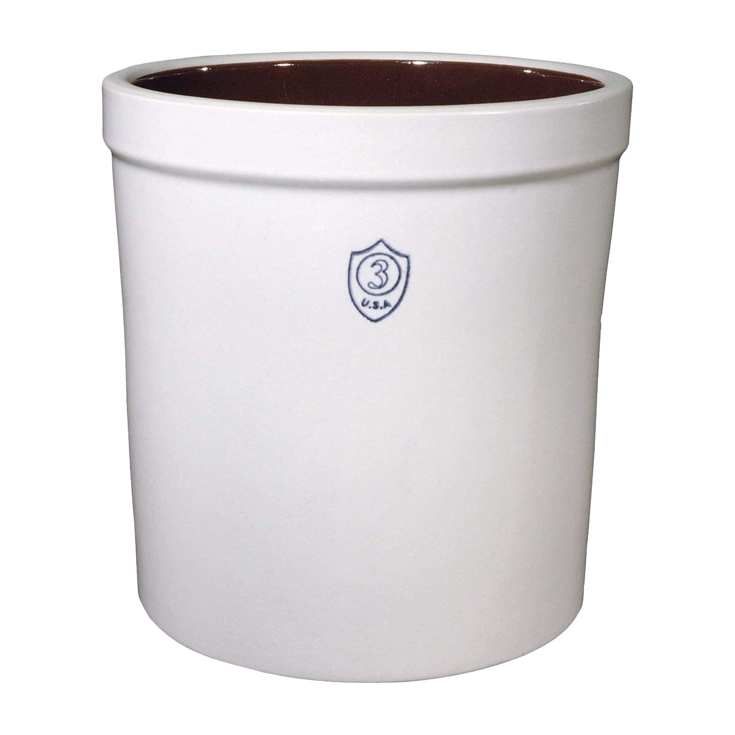 White 3-gallon stoneware crock with blue logo for kitchenware and home storage collections under $100