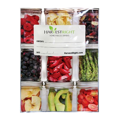 Clear resealable mylar bag with label, featuring images of frozen fruits and vegetables for food storage and preservation