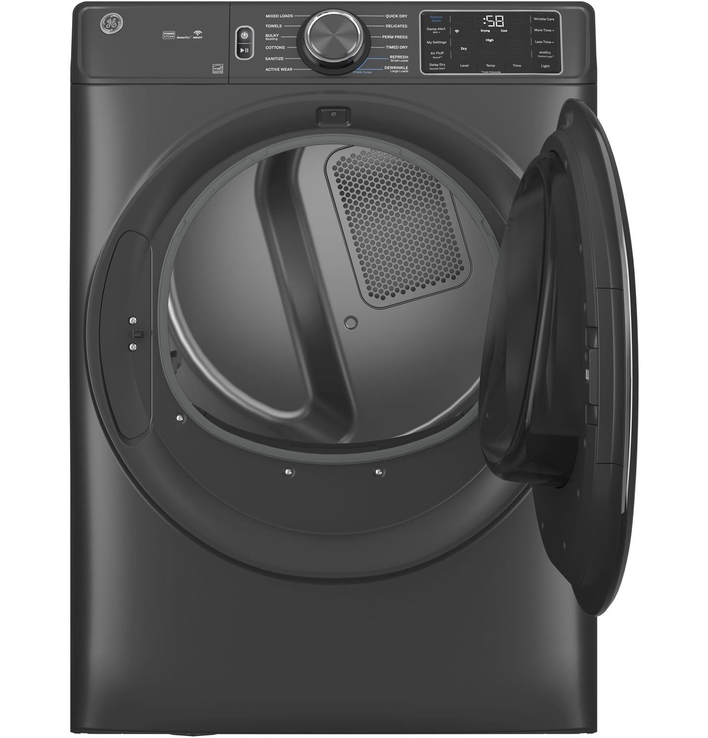 Black smart front load electric dryer with open door showing large interior drum and digital control panel in Dryers collection