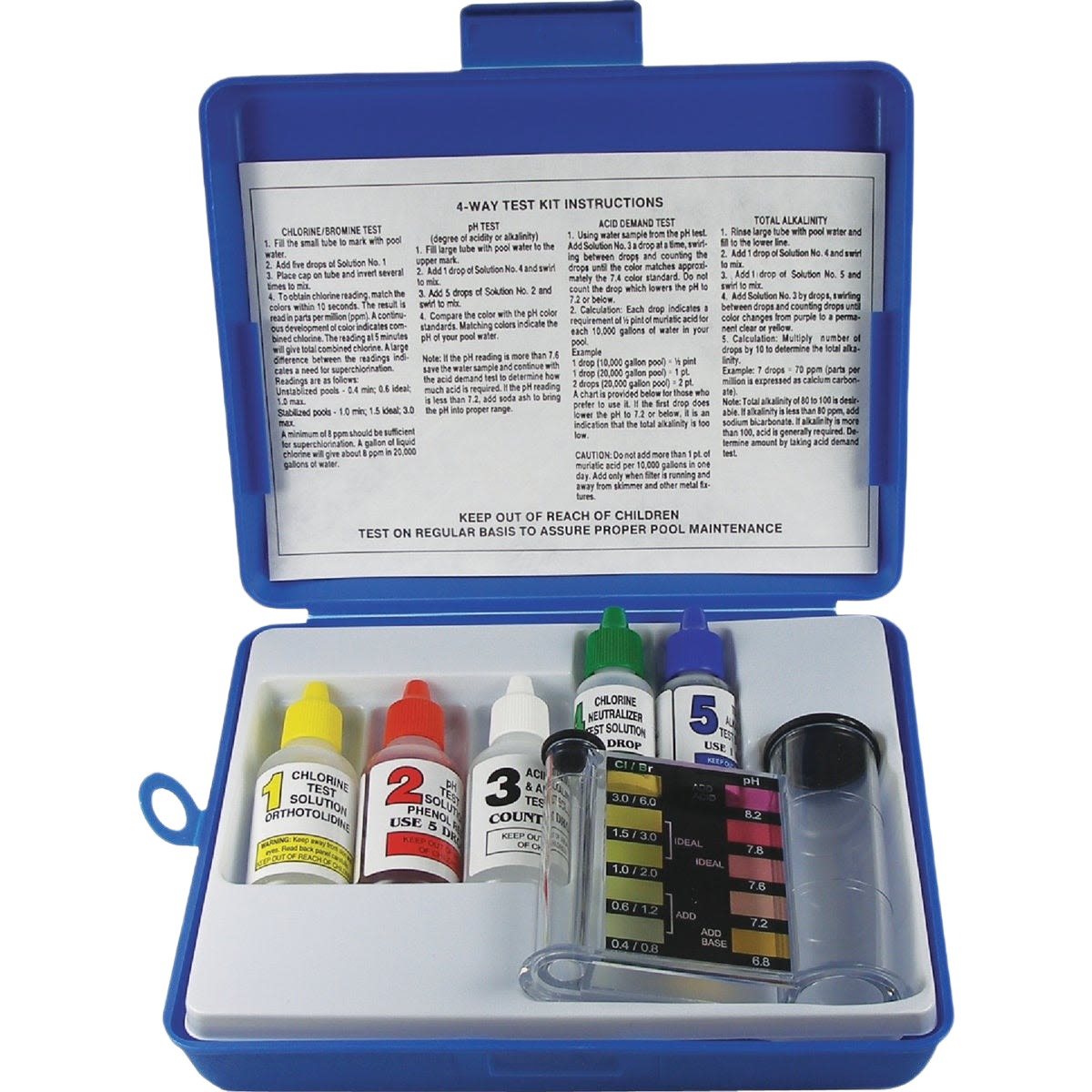 Blue pool testing kit case open showing four liquid test bottles, color chart, and test tubes for water analysis