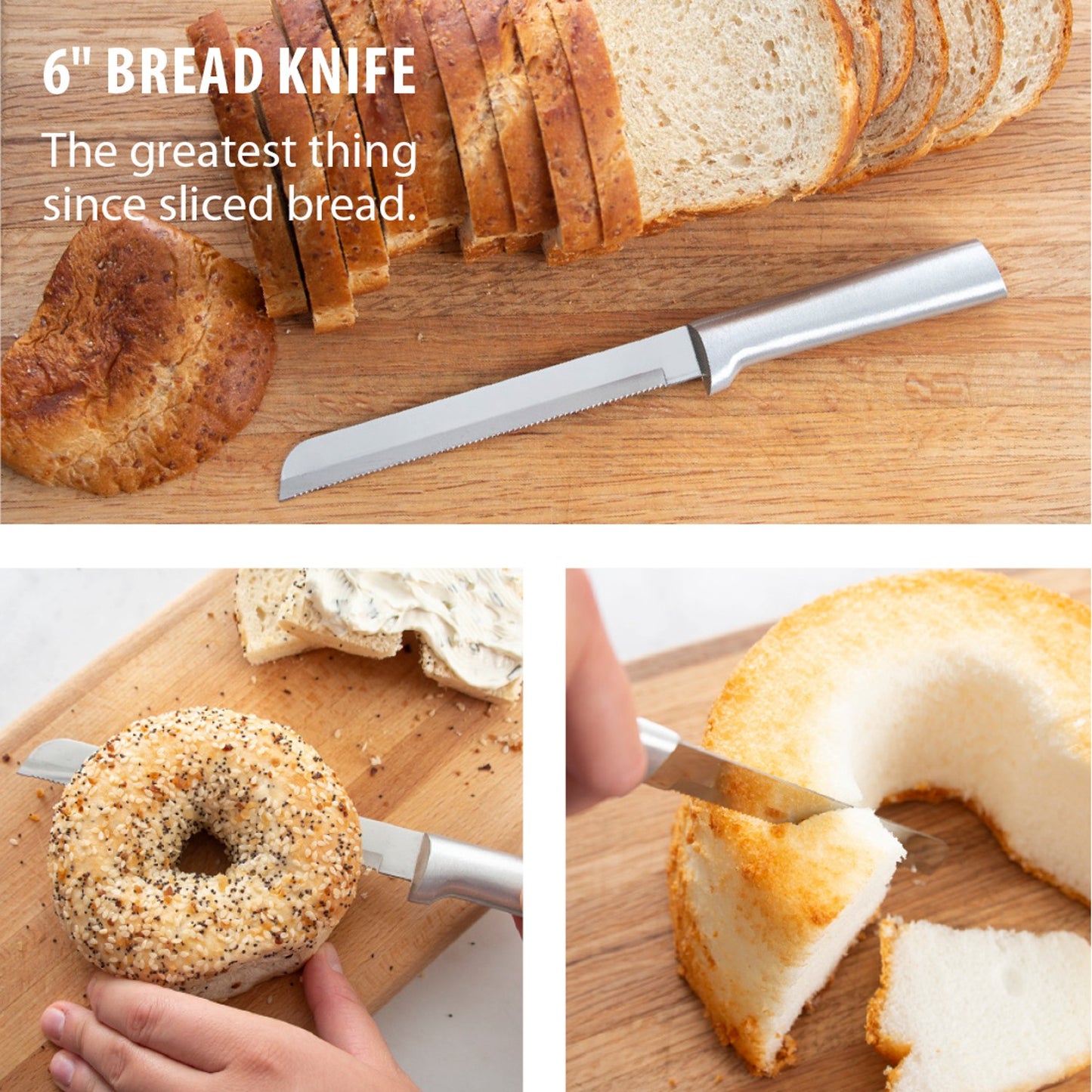 6-inch stainless steel bread knife slicing sandwich bread, bagel, and round cake on wooden cutting boards