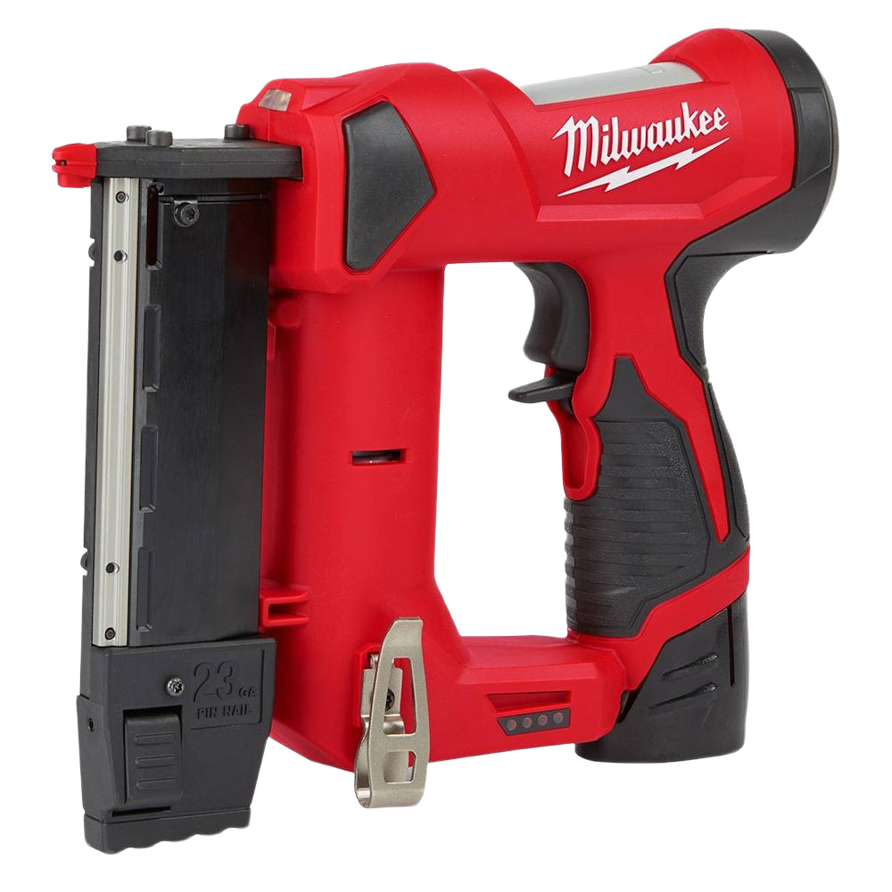 Compact red and black Milwaukee cordless 23-gauge pin nailer with ergonomic grip for precise home improvement tasks