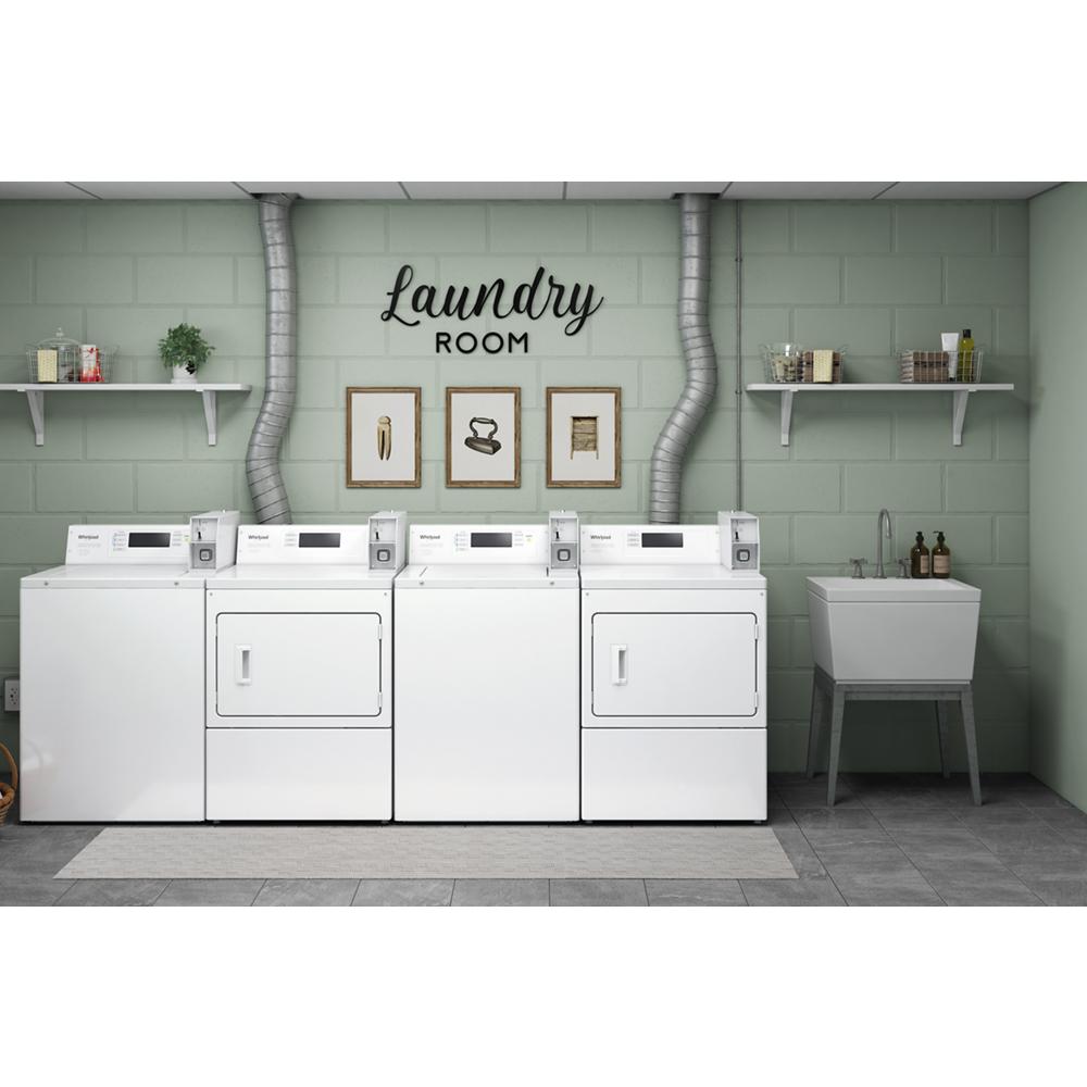 Laundry room with white commercial washers and gas dryers featuring factory-installed coin drops and coin boxes from Appliances collection